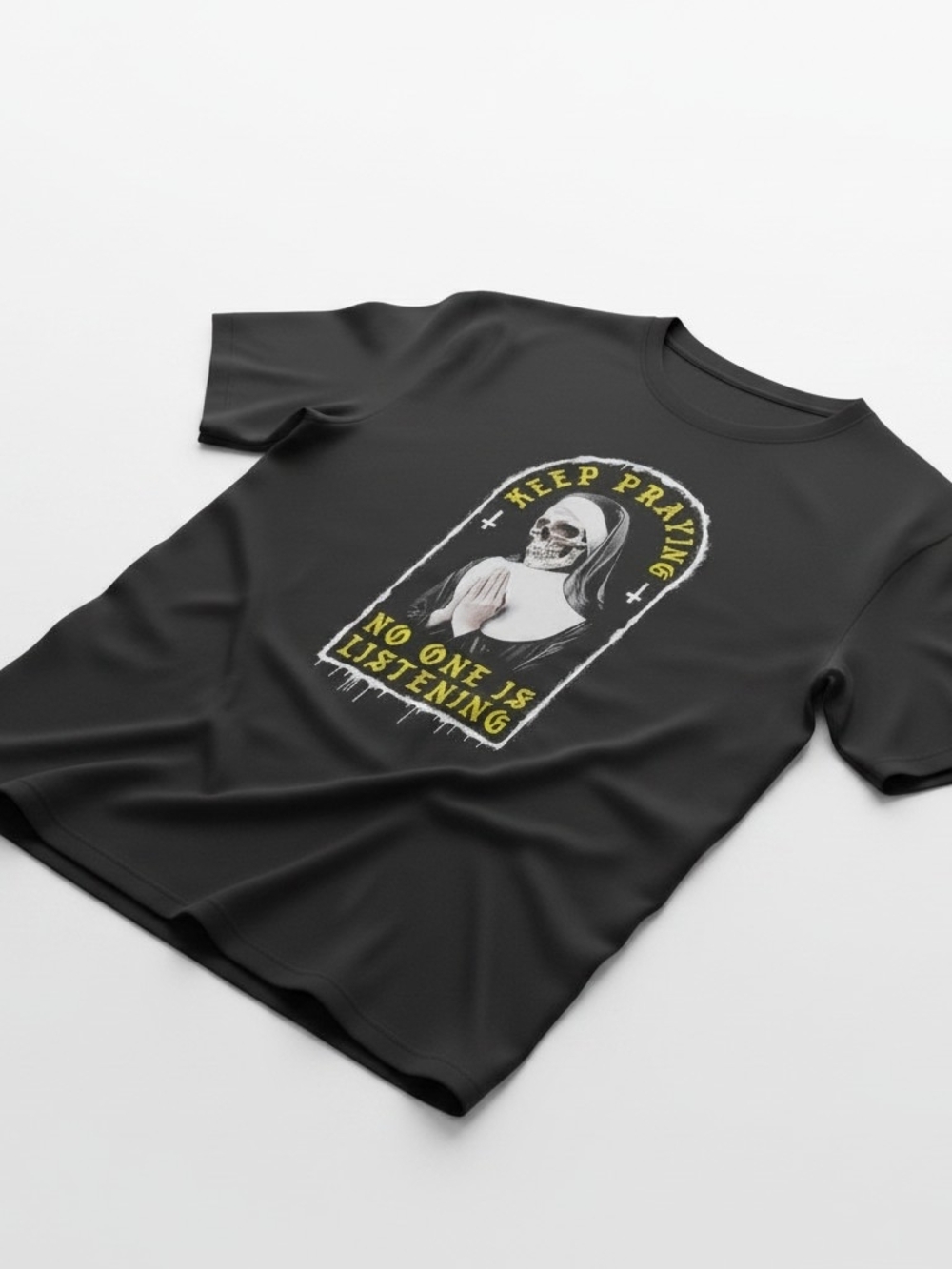 Graphic Skull Nun Prayer Tee in Black and Yellow